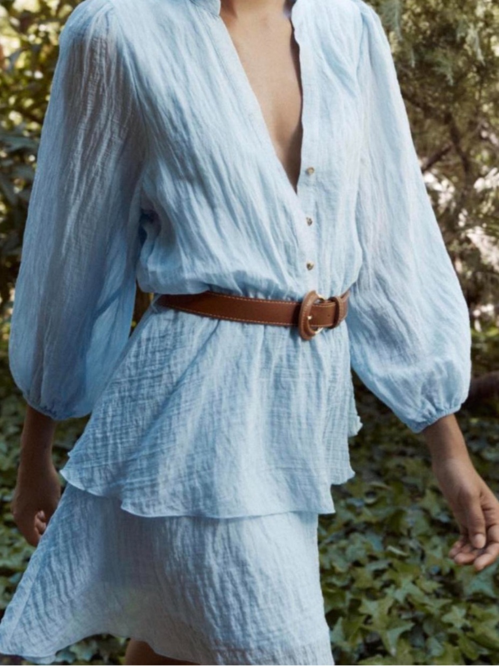 Zara Light Blue Tiered Mini Dress with Brown Leather Belt